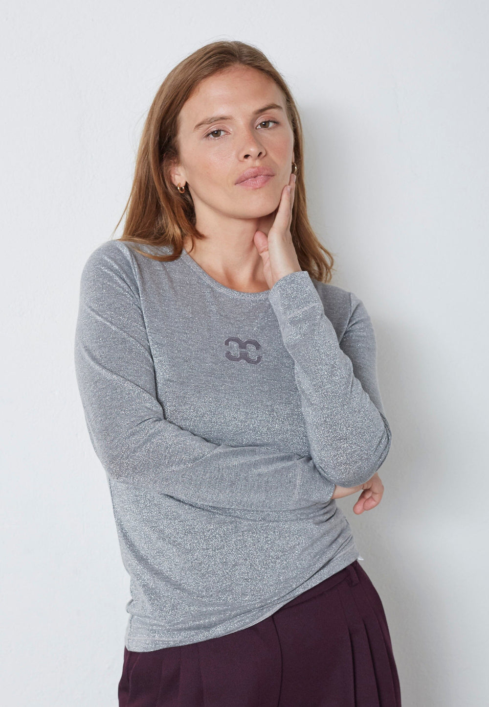 Co´Couture - Mannycc Lurex Emb L/S Tee 33210 - 930 - Silver T-shirts