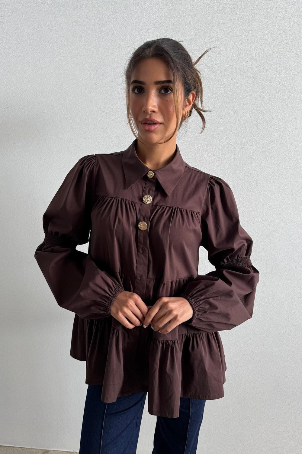 Continue - Sanna Gold Buttons 15085 - Dark Brown Bluser