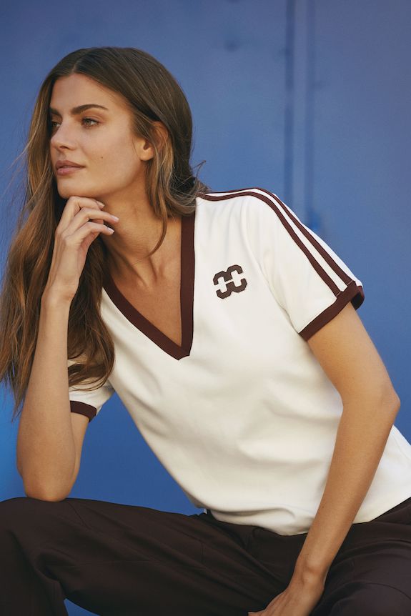 Forudbestilling - Co´Couture - Edgecc Stripe V-Tee 33161 - 1183 - Offwhite Mocca T-shirts