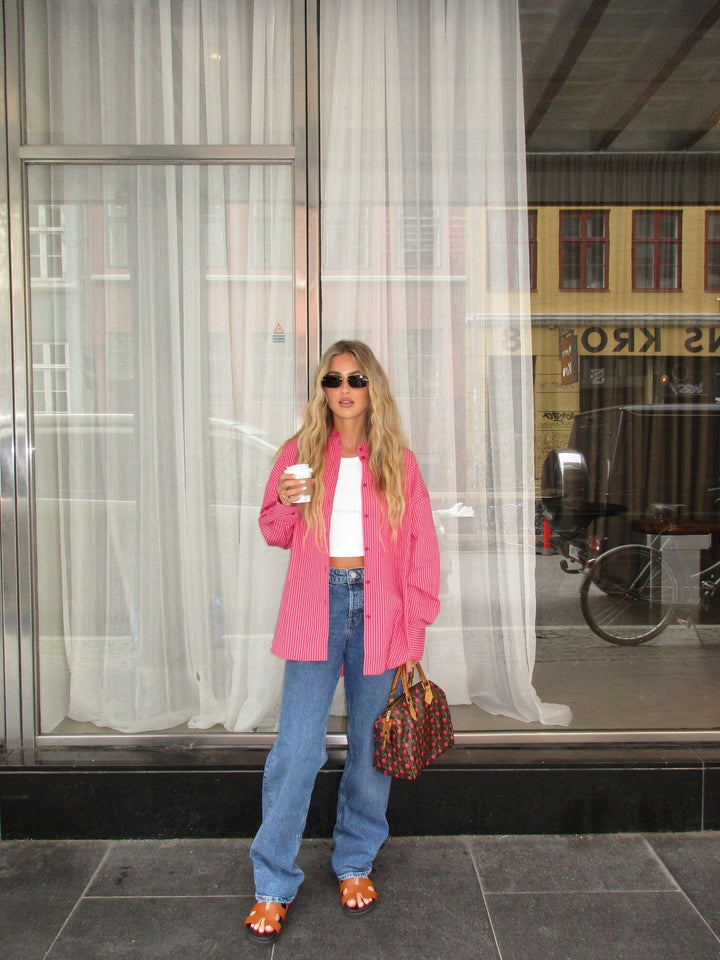 Forudbestilling - Jjxx - Jxjamie Ls Relaxed Poplin Shirt - 4235856 Cerise Stripe Skjorter