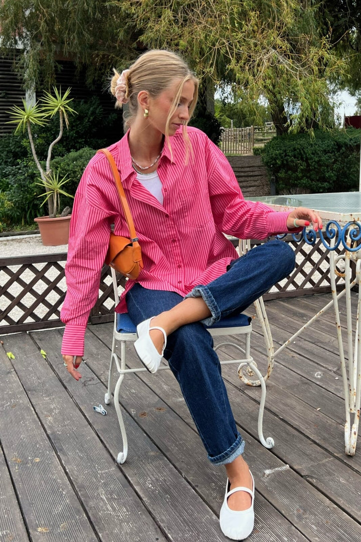 Forudbestilling - Jjxx - Jxjamie Ls Relaxed Poplin Shirt - 4235856 Cerise Stripe Skjorter