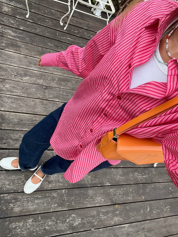 Forudbestilling - Jjxx - Jxjamie Ls Relaxed Poplin Shirt - 4235856 Cerise Stripe Skjorter