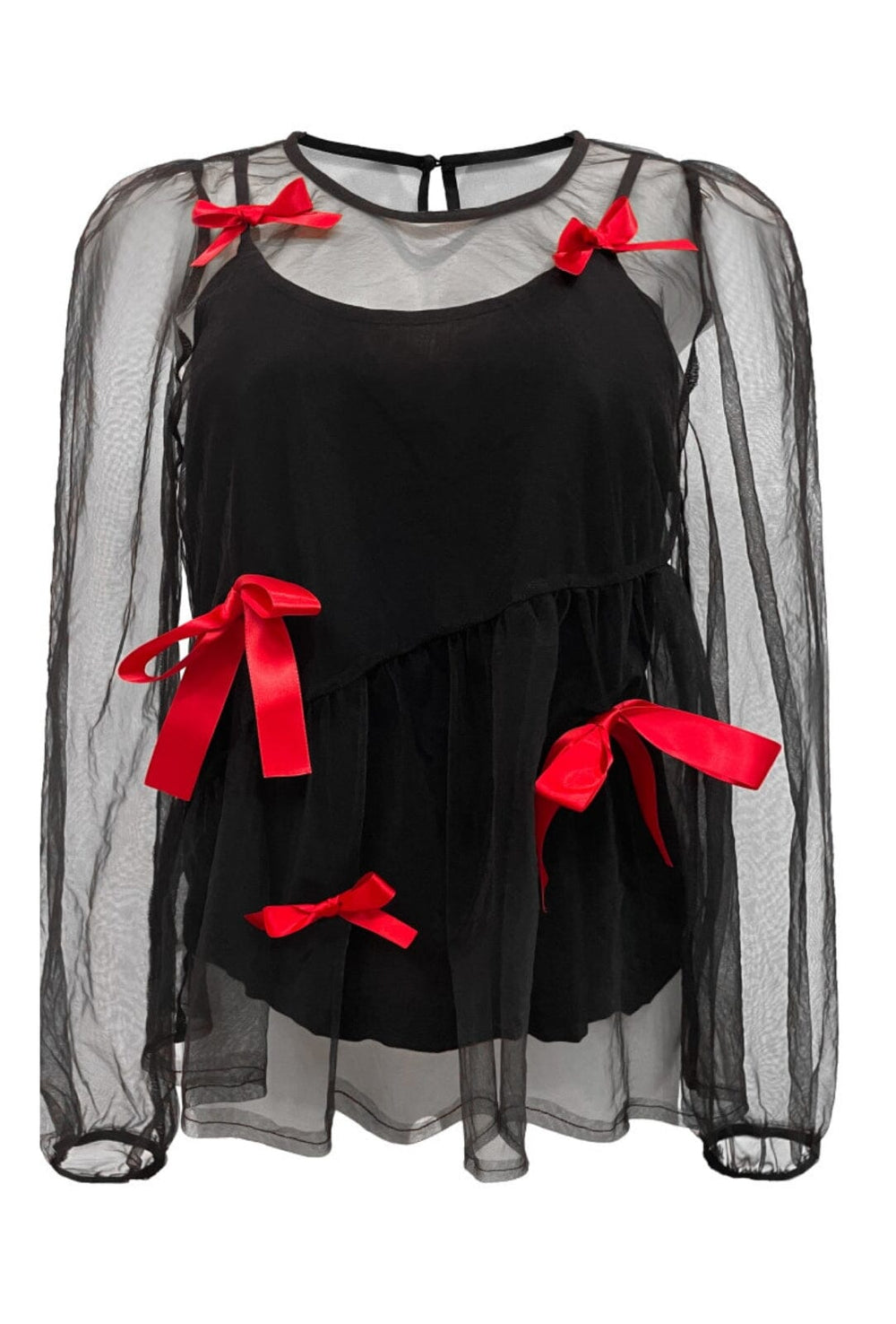 Forudbestilling - Liberte - Tulle-Ls-Bow-Blouse 22126 - Black Red Bow Bluser