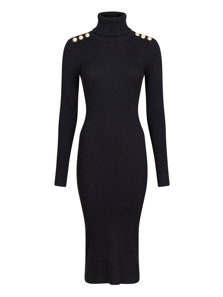 Forudbestilling - Valentin Studio - Gold Button Knit Roll Dress - Black Kjoler