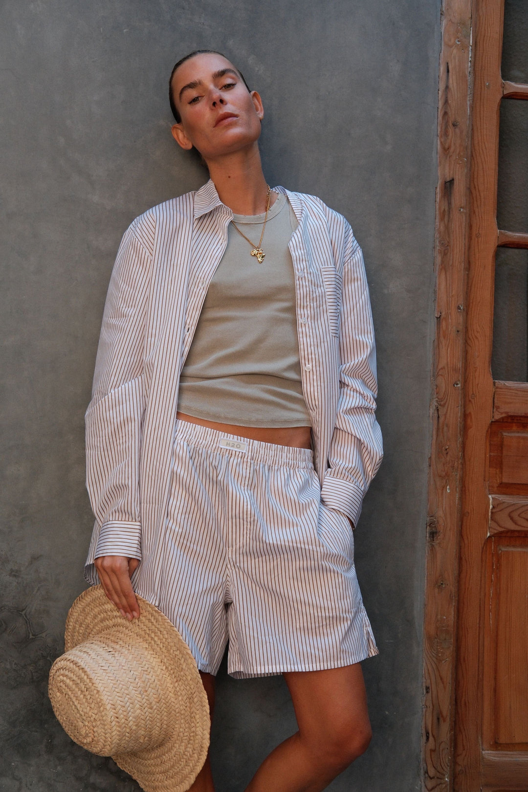 H2O - Rønne Essential Pajamas Shirt L/S 101018-2 - 7043 - White/Brown Skjorter