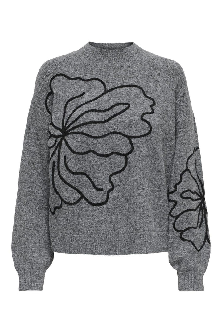 JDY - Jdyjella L/S Flower Pullover Knt - 4769595 Dark Grey Melange