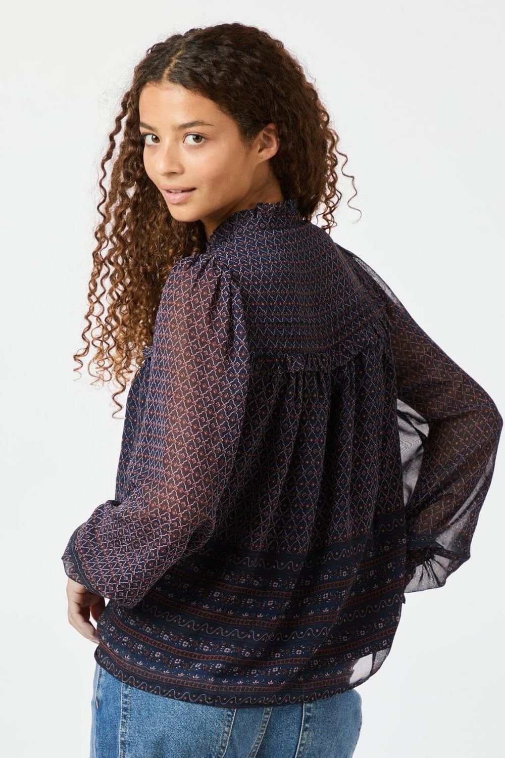 Neo Noir - Rhia Border Pattern Blouse 163994 - Navy Bluser