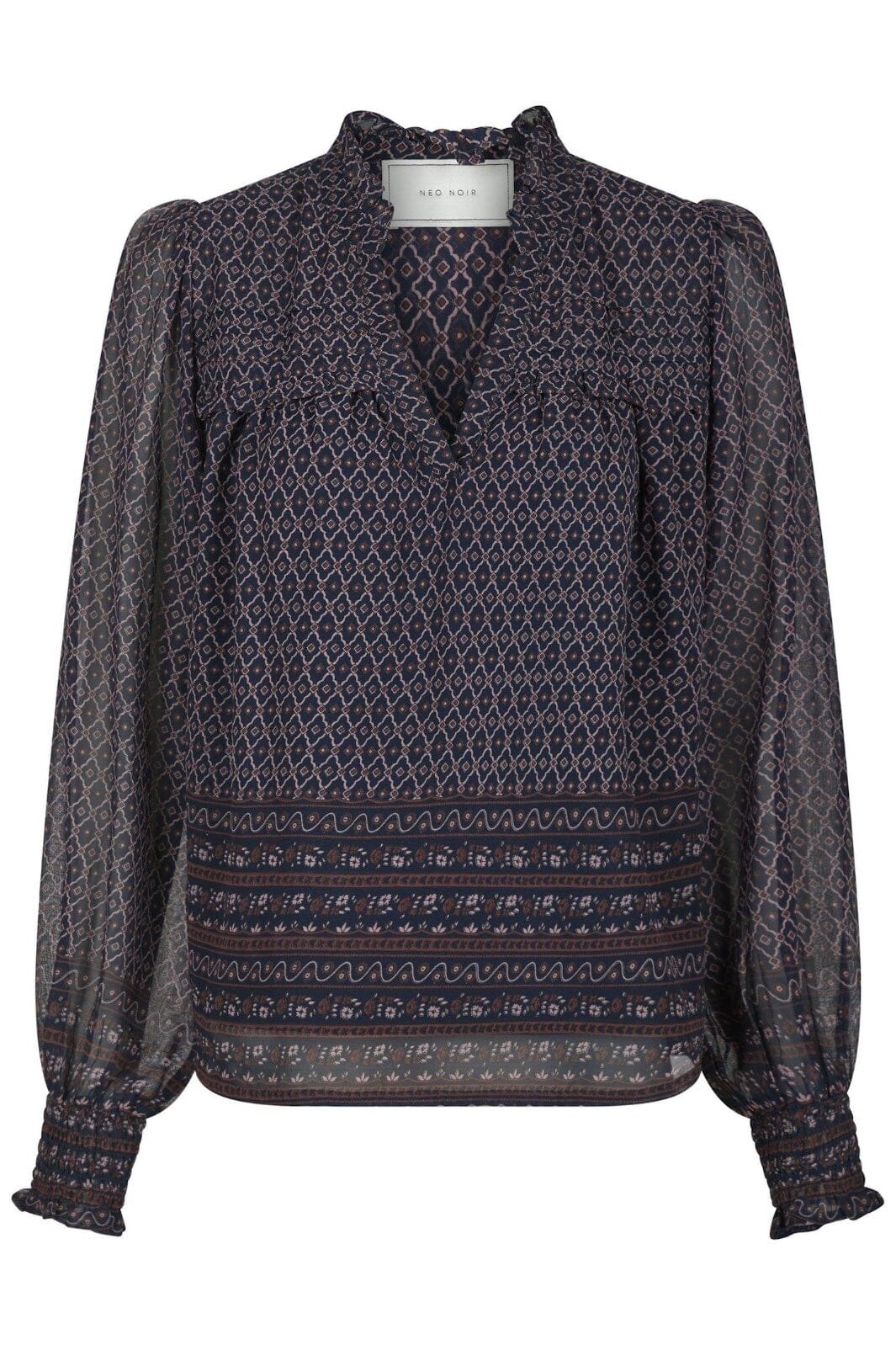 Neo Noir - Rhia Border Pattern Blouse 163994 - Navy Bluser