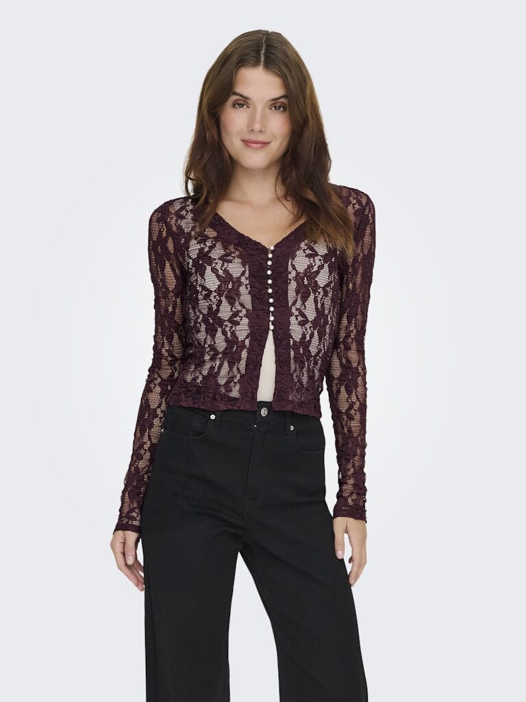 Only - Onlalba L/S V-Neck Lace Top - 4907612 Decadent Chocolate Bluser