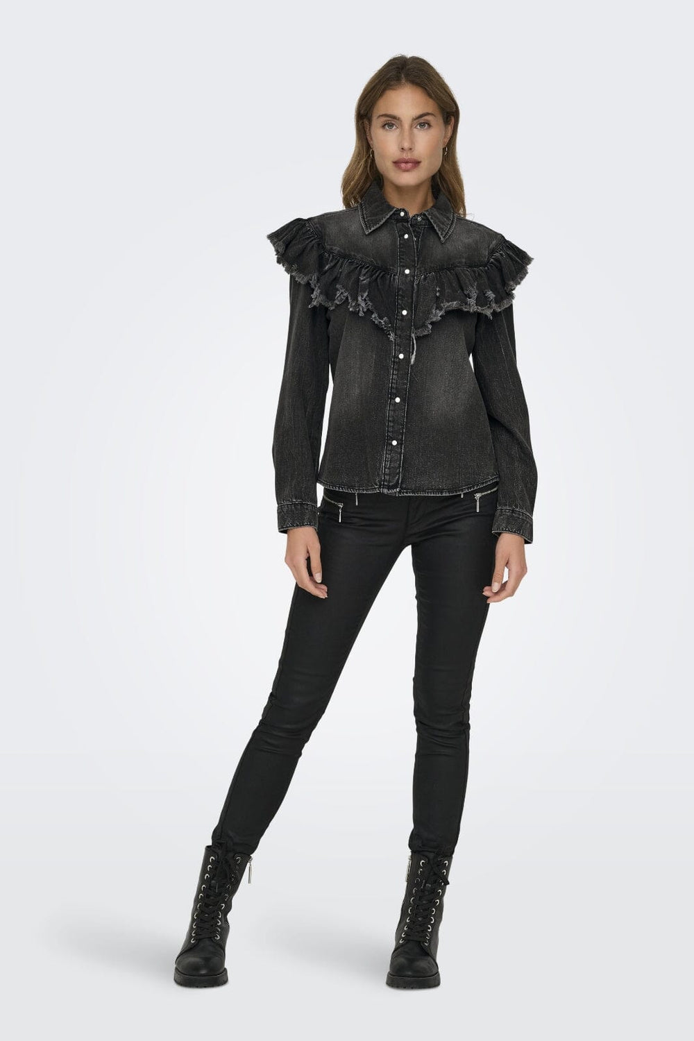 Only - Onlbroadway Ls Frill Shirt Red Akm - 4597566 Washed Black Skjorter
