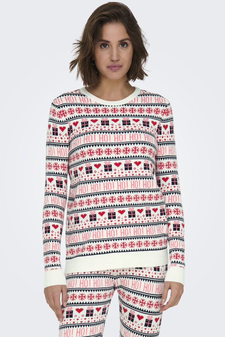 Only - Onlxmas Present Ls O-Neck Knt - 4631335 Cloud Dancer High Risk Red/Night Sky/Bonbon Jul