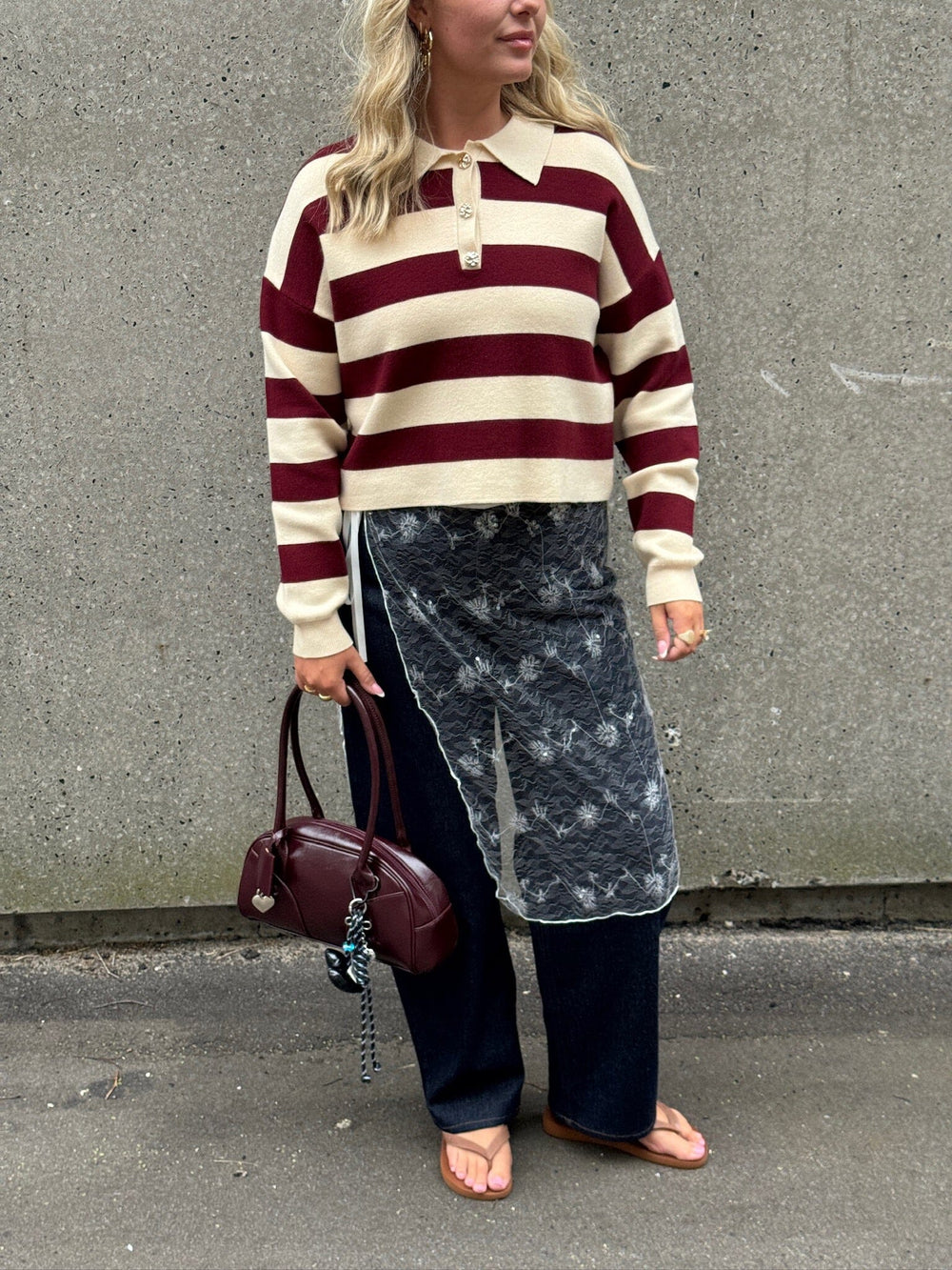 Pieces - Pcjassy Ls Short Polo Knit - 5040020 Winetasting Birch Bluser