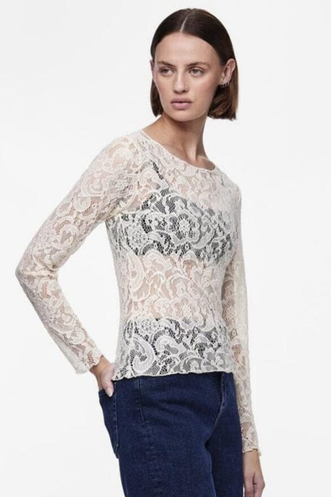 Pieces - Pcnora Ls O-Neck Lace Top - 4588831 Cloud Dancer Toppe