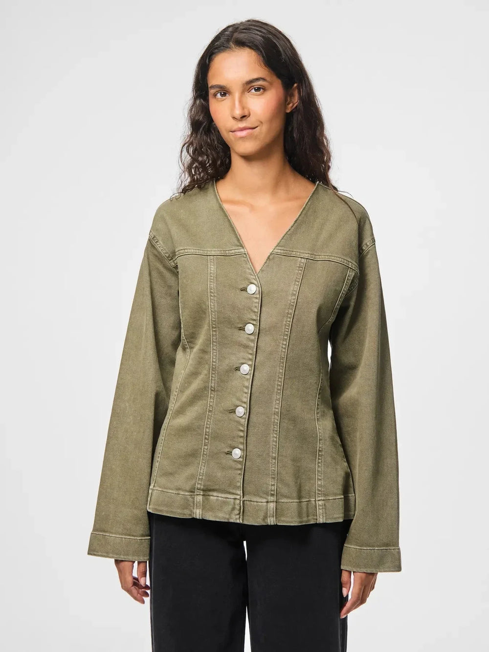 Pieces - Pcsilke Ls Col Denim Shirt - 5003563 Military Olive Skjorter