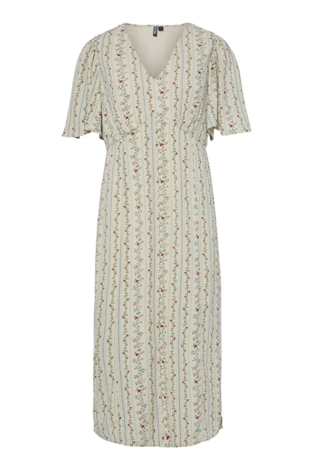 Pieces - Pctaitlyn Ss V-Neck Midi Dress - 4822602 Birch Striped Flower Kjoler