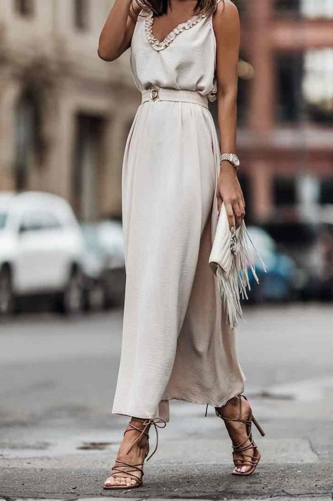 A-bee - Long Dress With Belt 2961A - Beige Kjoler 