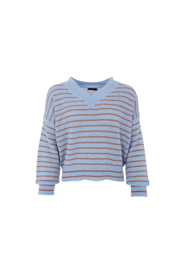 Black Colour - Bcdell Striped V-Neck Jumper 1240 - Lt. Blue