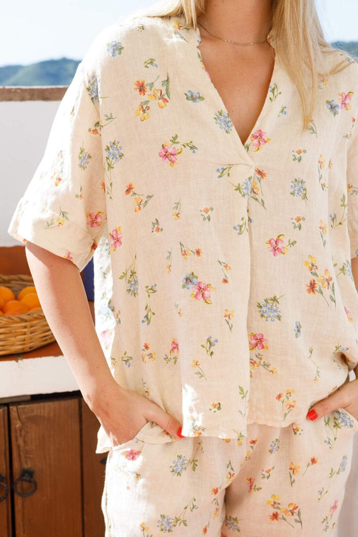 Black Colour - Bcmelina Ss Linen Blouse 40842 - Flower