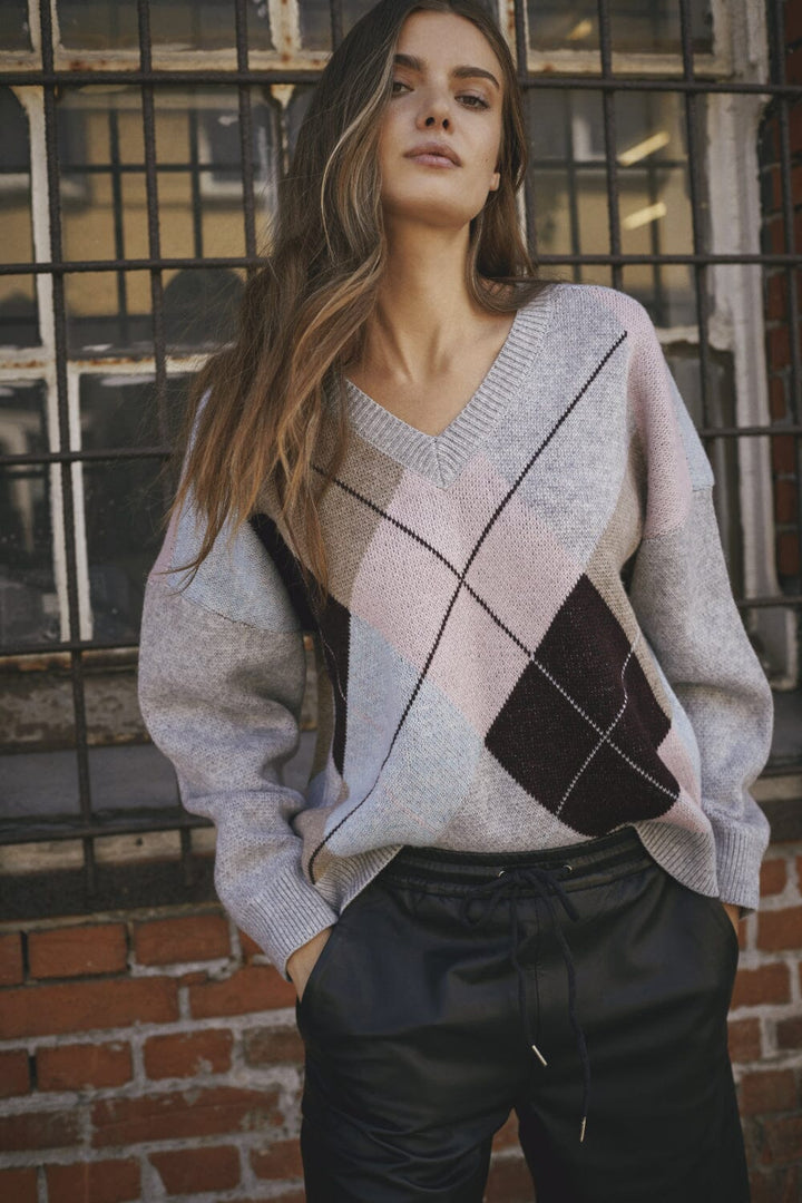 Co´Couture - Majacc Check V-Knit 32218 - 139 - Mid Grey Strikbluser 
