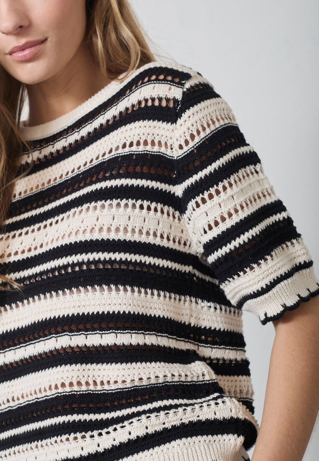 Co´Couture - Odettecc Stripe Ss O-Knit 42018 - 1196 - Offwhite-Black Strikbluser 