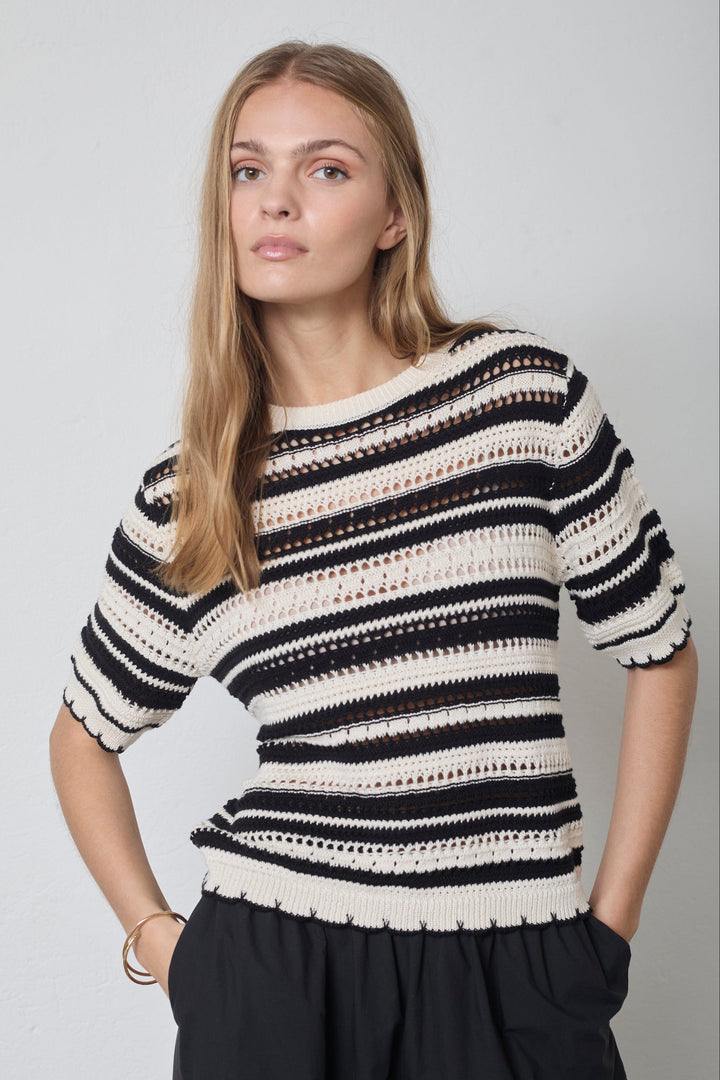 Co´Couture - Odettecc Stripe Ss O-Knit 42018 - 1196 - Offwhite-Black Strikbluser 