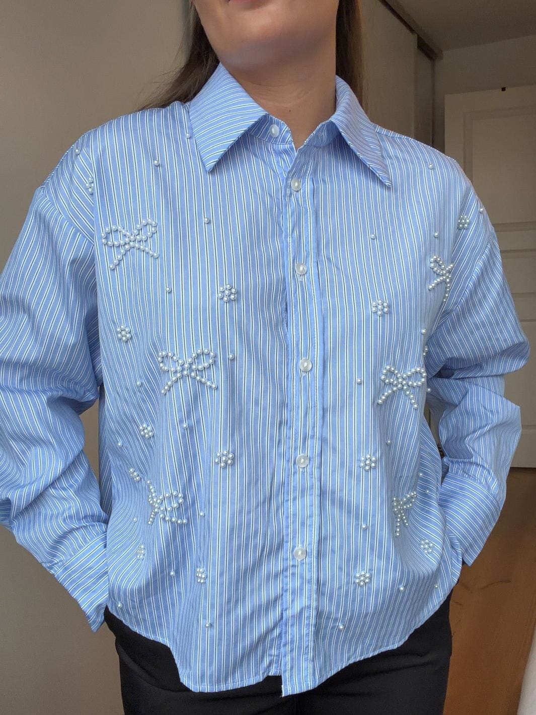 Dear Molly - Pearl Bow Shirt 160786C - Blue W.black Strip Bluser 