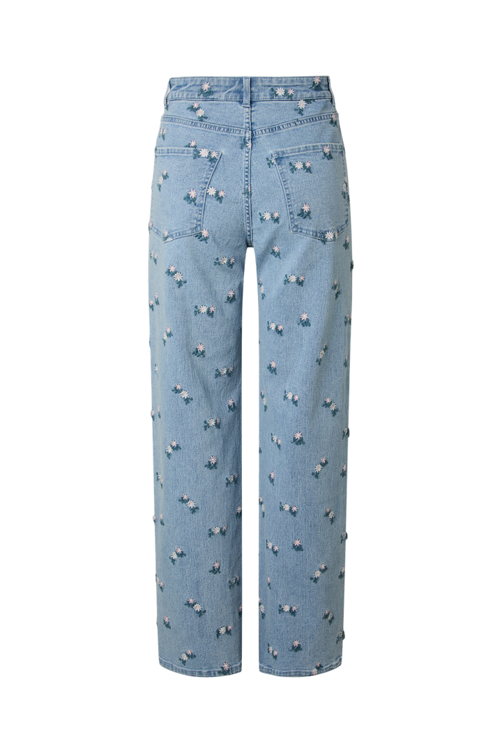 Pieces - Pcflora Straight Emb Jeans - 5068185 Light Blue Denim Pink Flower Embroidery