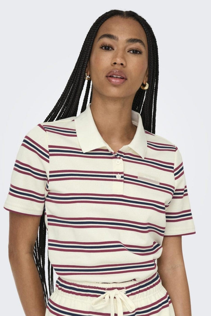 Only - Onlevie S/S Polo Top - 4793100 Antique White Navy Blazer+Ruby Wine