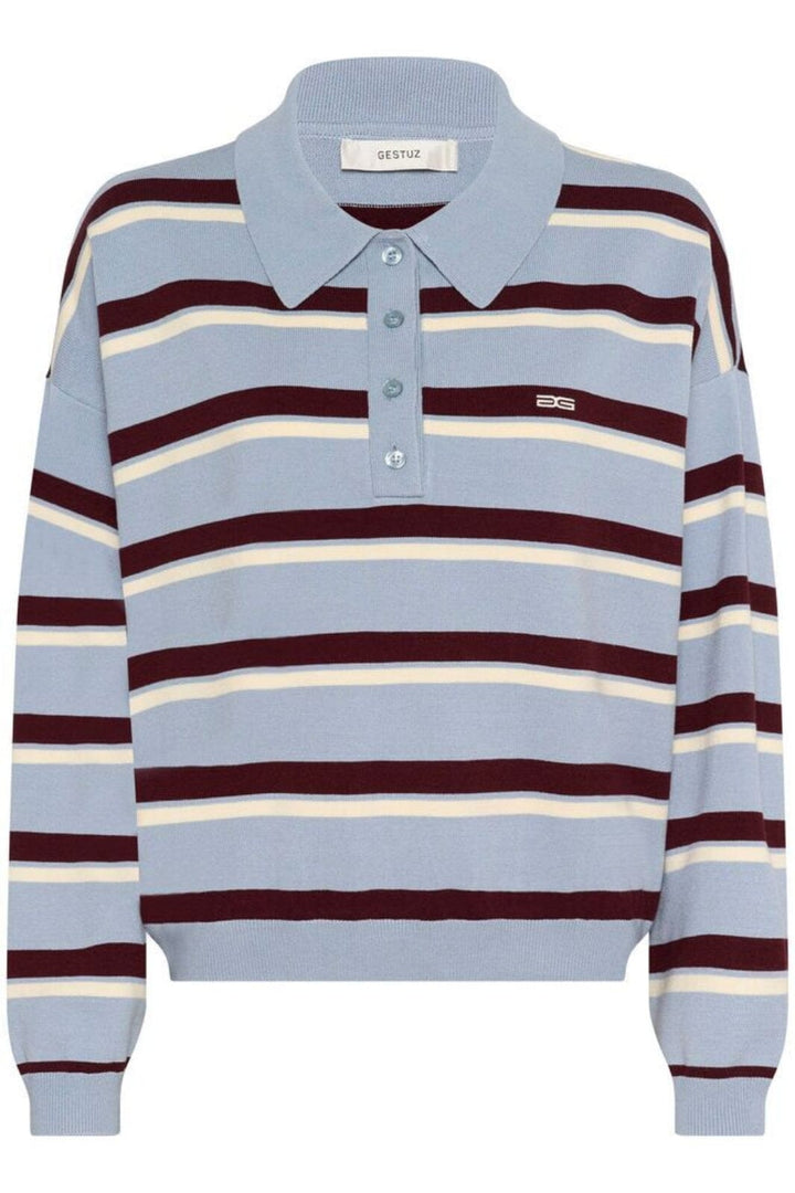 Forudbestilling - Gestuz - Gztaia Polo Pullover 10910693 - 108877 - Grey Blue/Aronia/Egret Strikbluser 