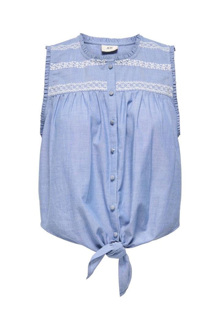 JDY - Jdybella S/L Emb Knot Shirt - 4951536 Faded Denim Cloud Dancer Embroidery