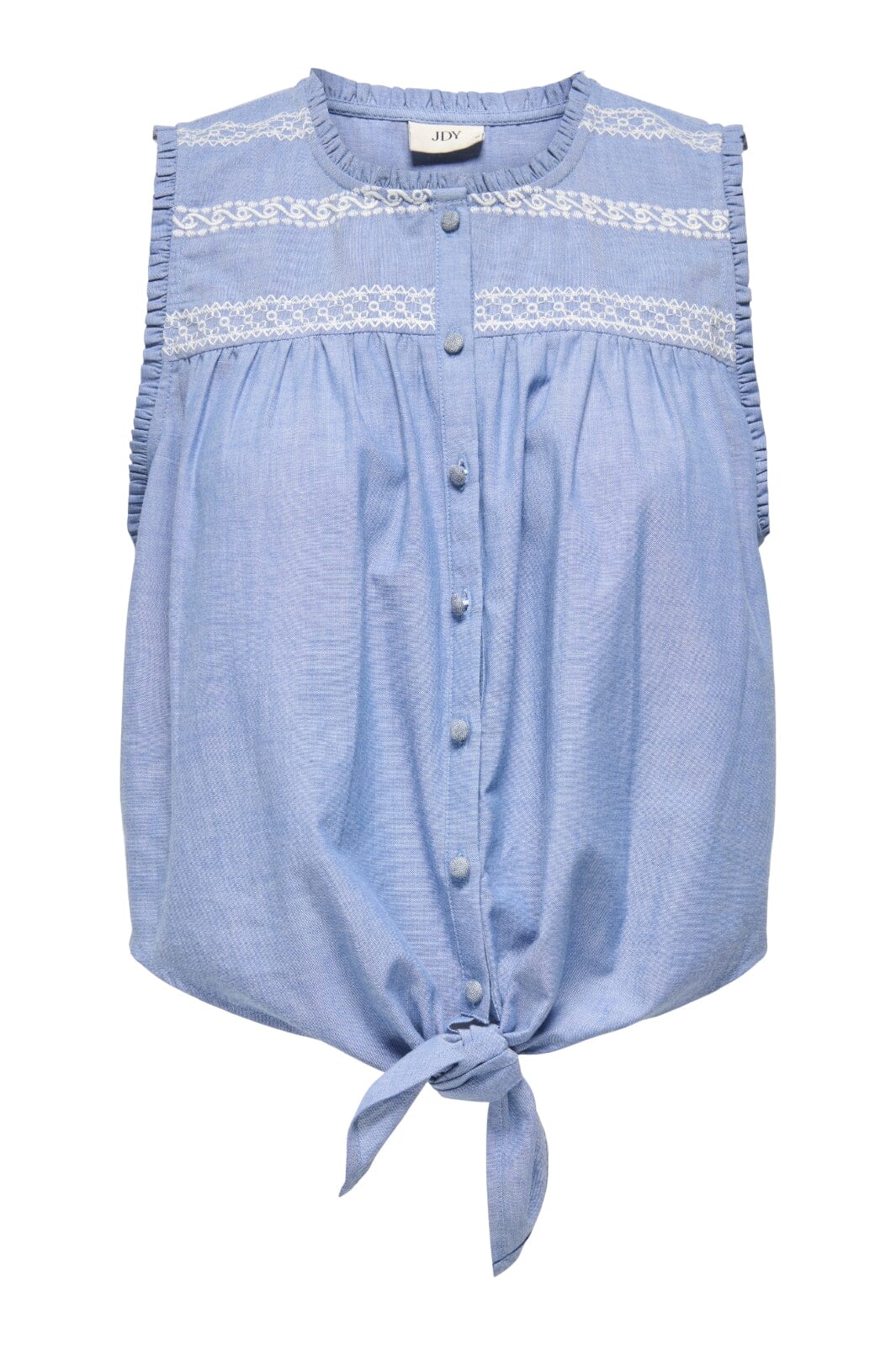 JDY - Jdybella S/L Emb Knot Shirt - 4951536 Faded Denim Cloud Dancer Embroidery