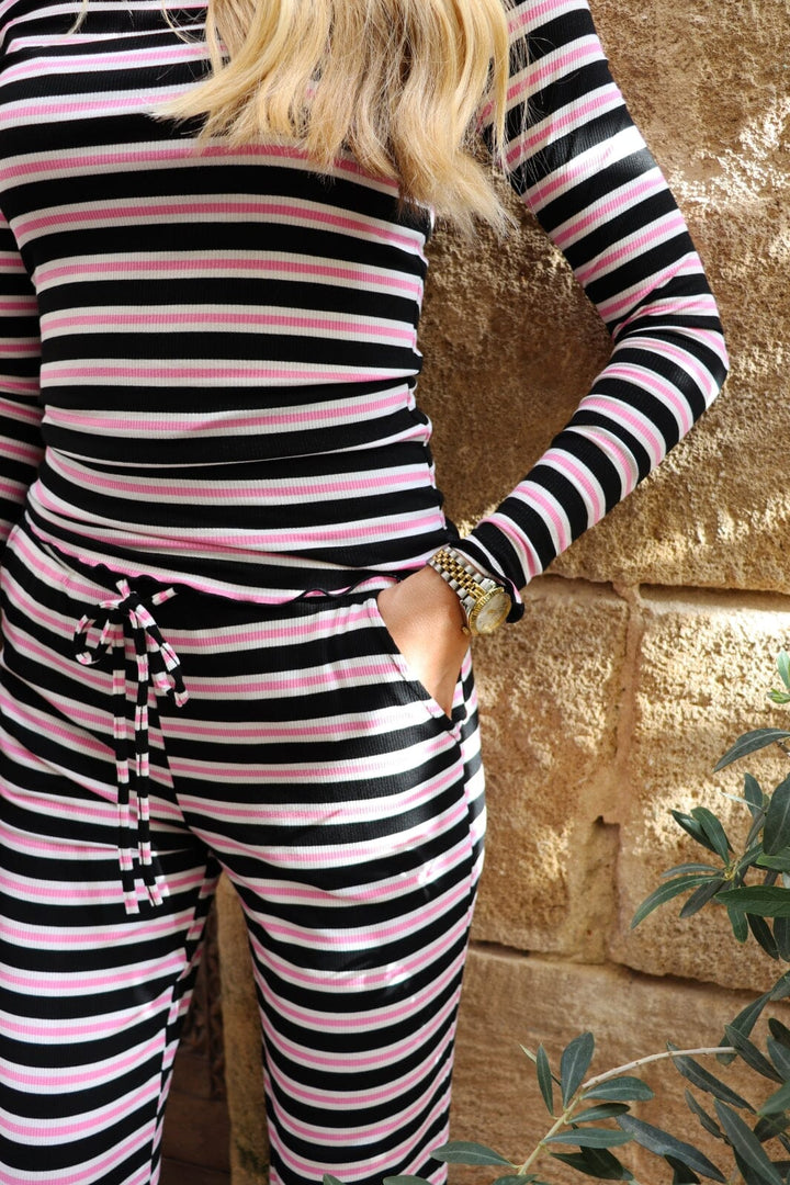 Liberte - Natalia Ls Round Neck Blouse 9914 - Black Bubblegum White Stripe