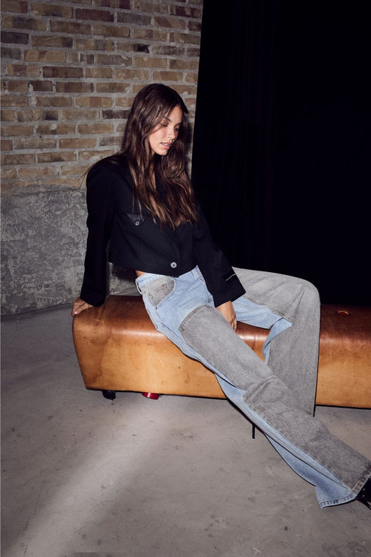 Haute L'Amitié - Two-Tone Patch Jeans HL10377 - Blue/Grey Mix Jeans 