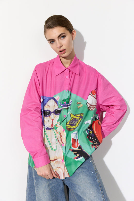 Hunkøn - Tiana Shirt 26711 - Cocktails With Cats Art Print Skjorter 
