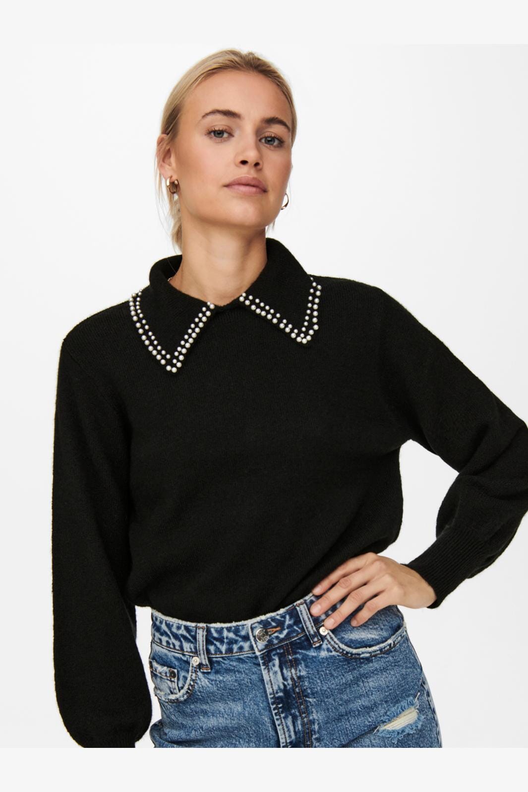 Jdy - Jdyaubray Life L/S Pearl Pullover Knt - 3818554 Black W White Pearl Collar