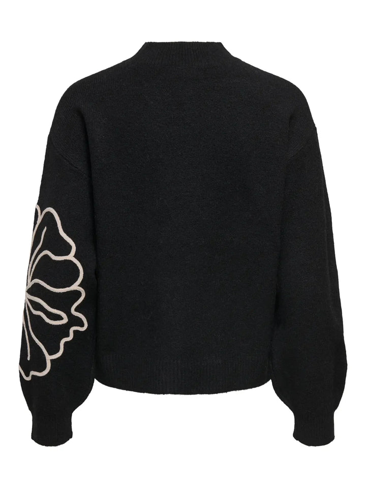 JDY - Jdyjella L/S Flower Pullover Knt - 4907427 Black W. Cement Strikbluser 