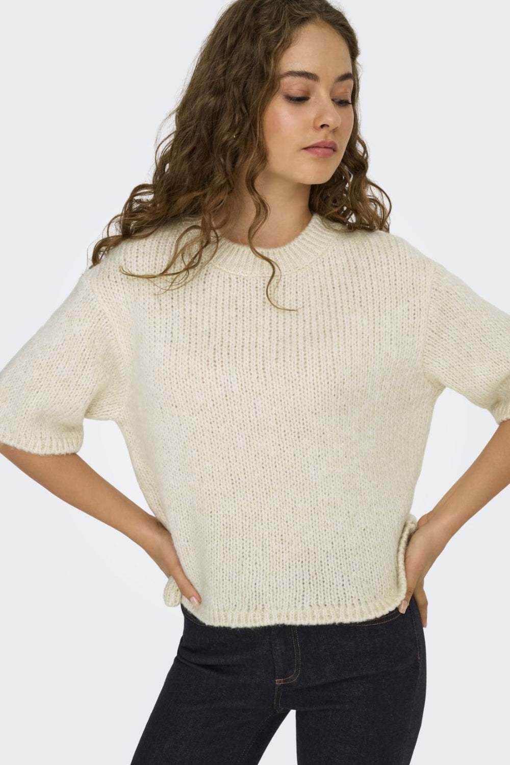 JDY - Jdylinea S/S Pullover O-Neck Knt - 4988040 Birch Strikbluser 
