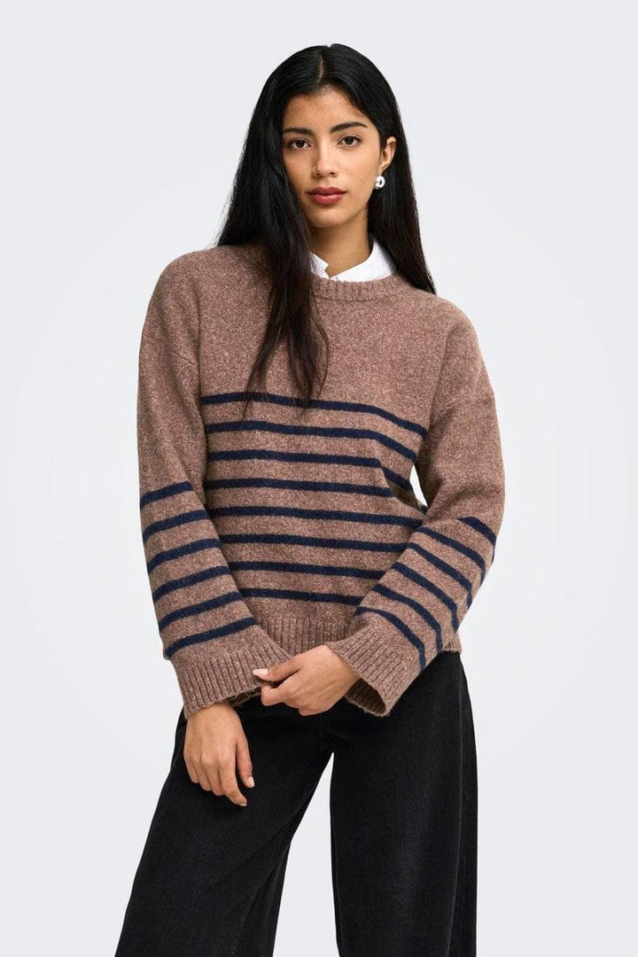 JDY - Jdyneel L/S O-Neck Stripe Pullover Knt - 5121138 Bison Black Iris Thin Stripes