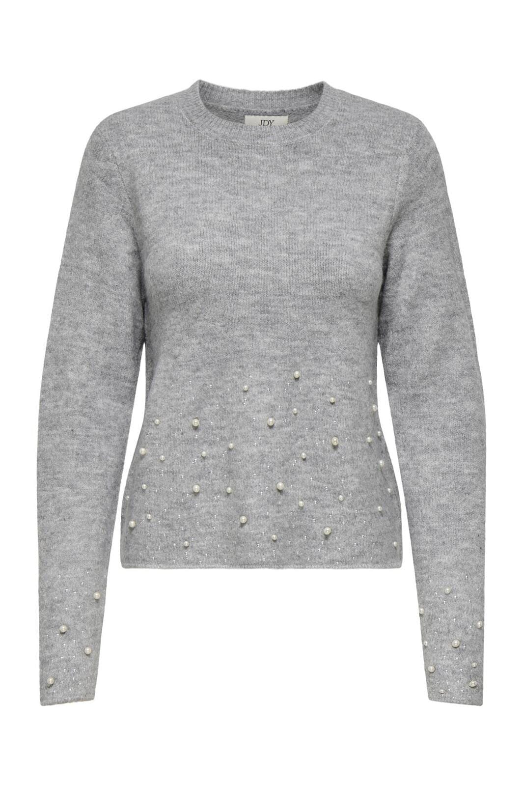 JDY - Jdypearl L/S O-Neck Pearl Pullover Knt - 4815065 Light Grey Melange White Pearls