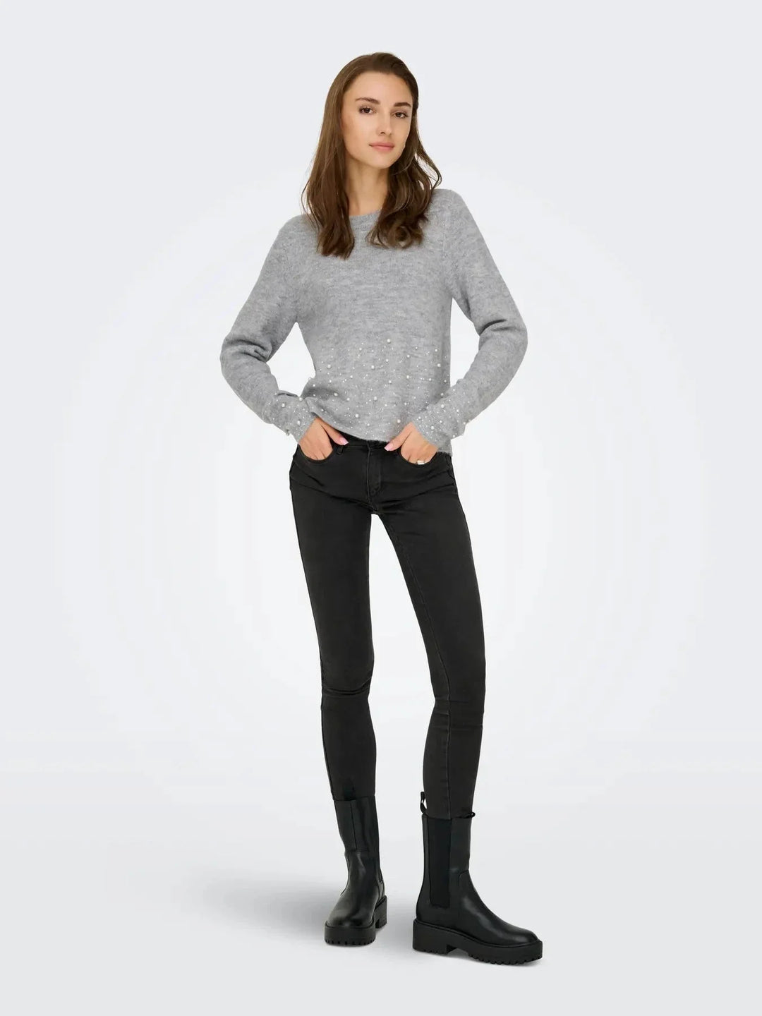 JDY - Jdypearl L/S O-Neck Pearl Pullover Knt - 4815065 Light Grey Melange White Pearls Strikbluser 