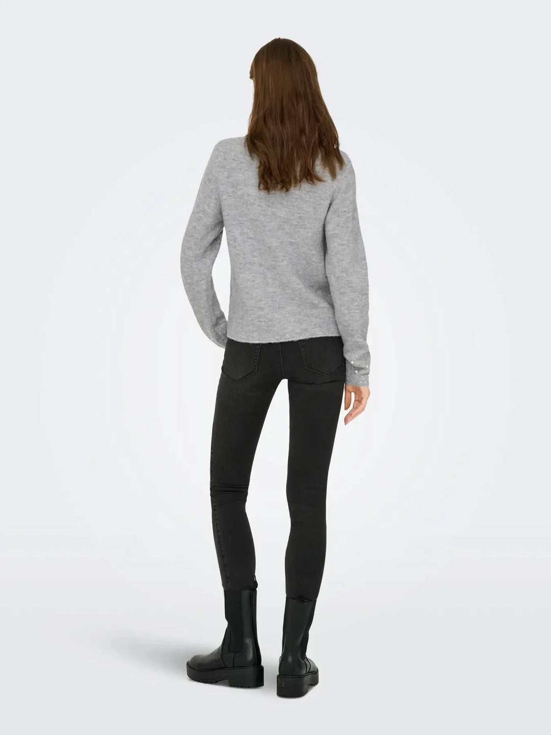 JDY - Jdypearl L/S O-Neck Pearl Pullover Knt - 4815065 Light Grey Melange White Pearls Strikbluser 