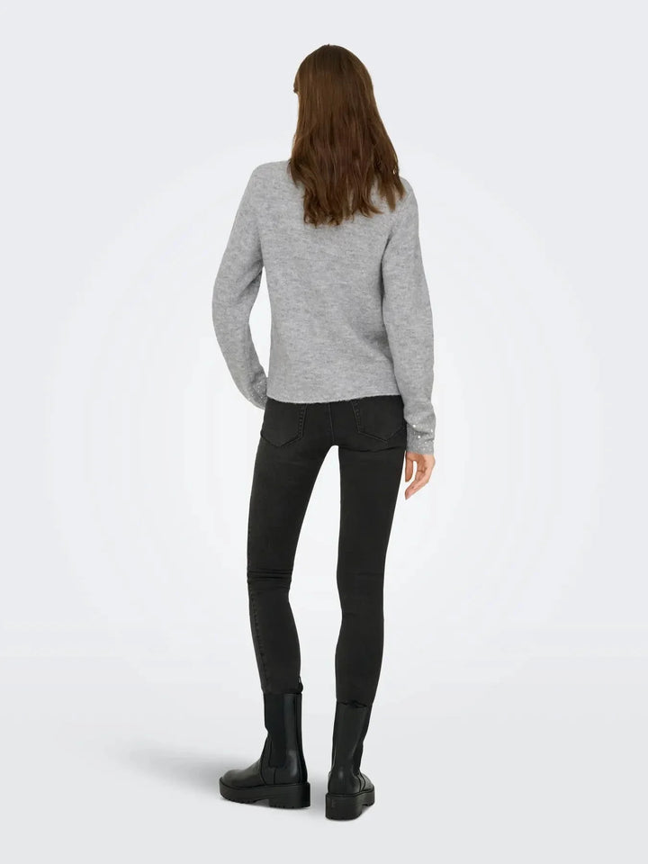 JDY - Jdypearl L/S O-Neck Pearl Pullover Knt - 4815065 Light Grey Melange White Pearls Strikbluser 