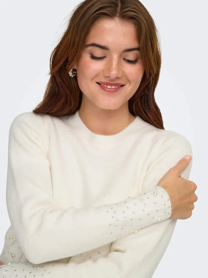JDY - Jdypearl L/S O-Neck Pearl Pullover Knt - 4867973 White Melange W. White Pearls Strikbluser 