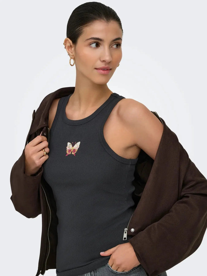 JDY - Jdytulle Life Emb Tank Top - 5047563 Phantom Emb Butterfly Tank Top 