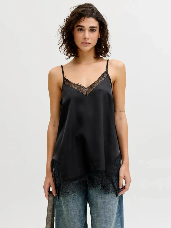 Jjxx - Jxvima Singlet Satin Lace Long Top - 5076719 Black Toppe 