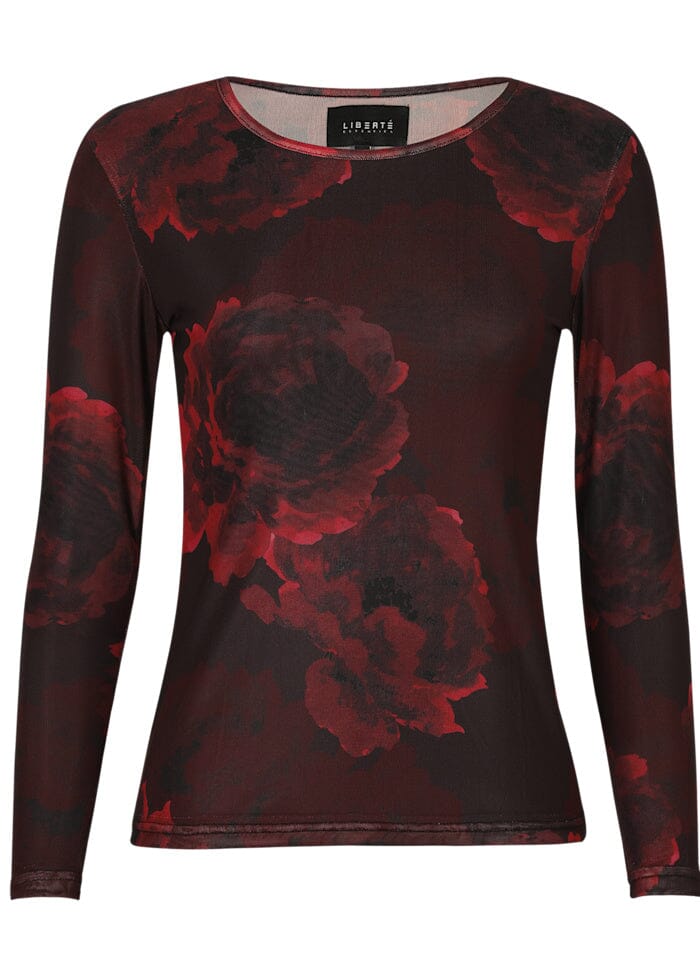 Liberte - Mesh-Ls-Tshirt 22065 - Black Bordeaux Flower Bluser 