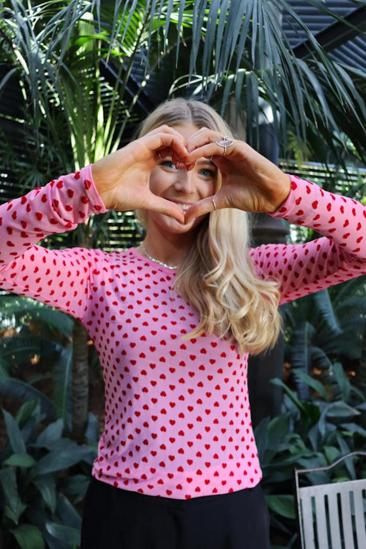 Liberte - Mesh Ls Tshirt 22065 - Pink Red Flock Heart T-shirts 