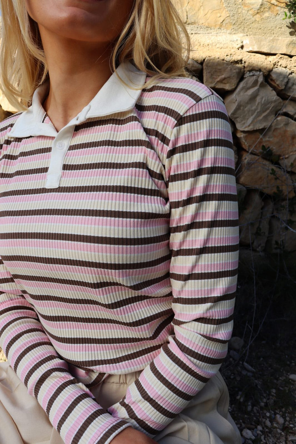 Liberte - Natalia-Ls-Polo-Blouse 22163 - Brown Rose Creme Stripe
