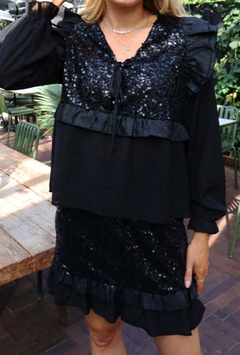 Liberte - Nor Ls Frill Blouse 22267 - Black Sequins Bluser 