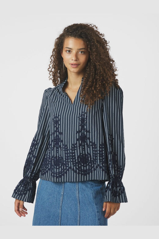 Neo Noir - Amara Stripe Emb Blouse 163363 - 141 - Navy